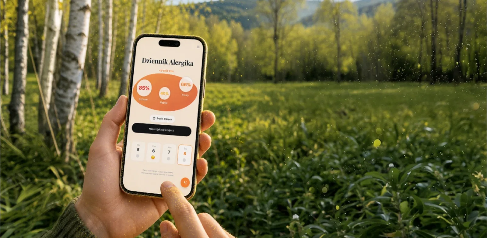 Hand holding an iPhone with the “Dziennik Alergika” allergy diary app open, standing in a sunlit birch meadow with pollen visibly floating in the air.