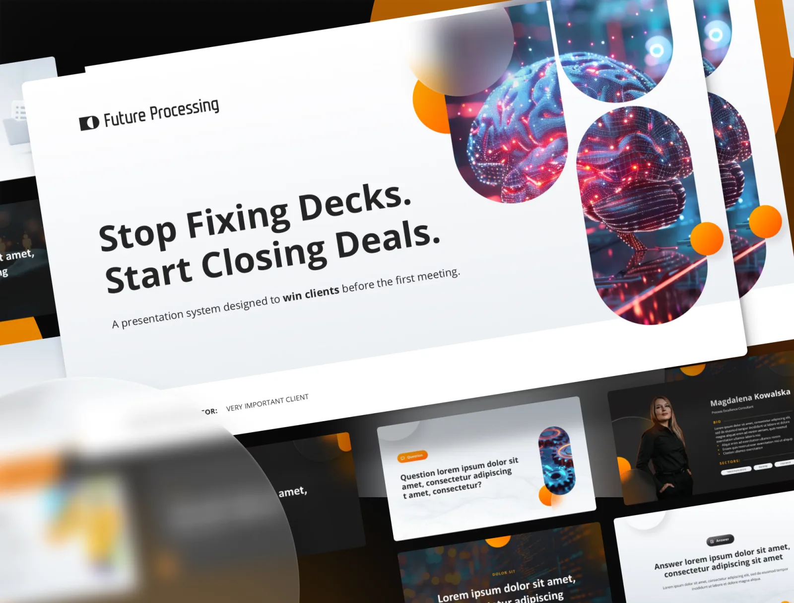Collage of slides from a corporate pitch deck system: colorful abstract cover masters, content layouts with copy and photography, and a portrait of a presenter.