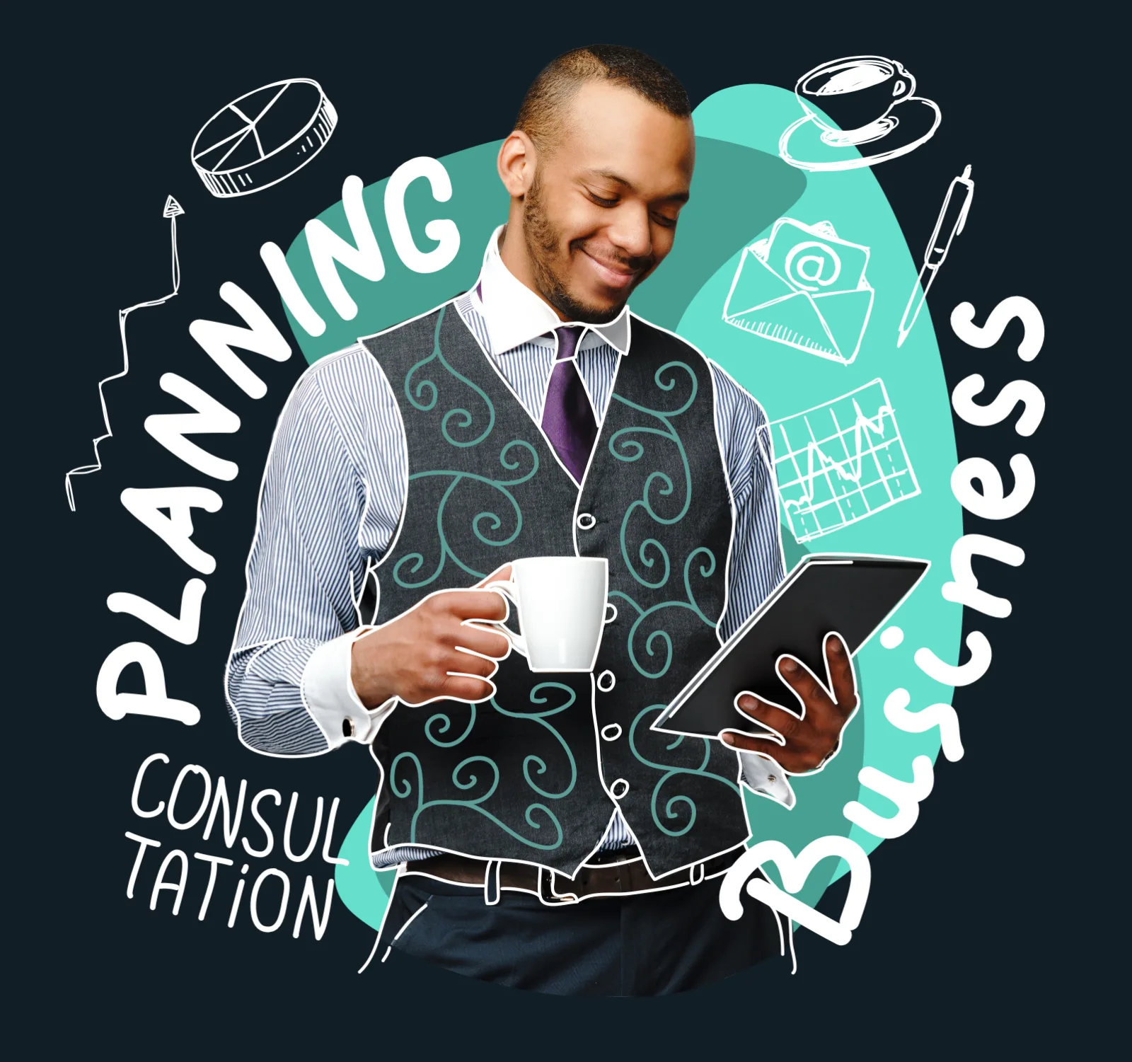 Illustration of a smiling man in a suit holding a coffee mug, surrounded by playful teal doodles of code, charts and business icons - key visual for a rebranded consulting website.