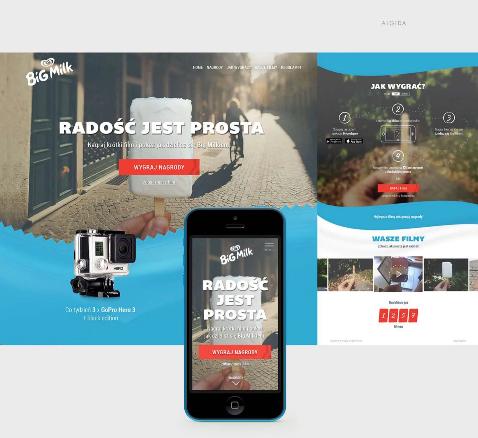 Algida Big Milk "Radość jest prosta": campaign site with a mobile view and a GoPro giveaway for user videos.