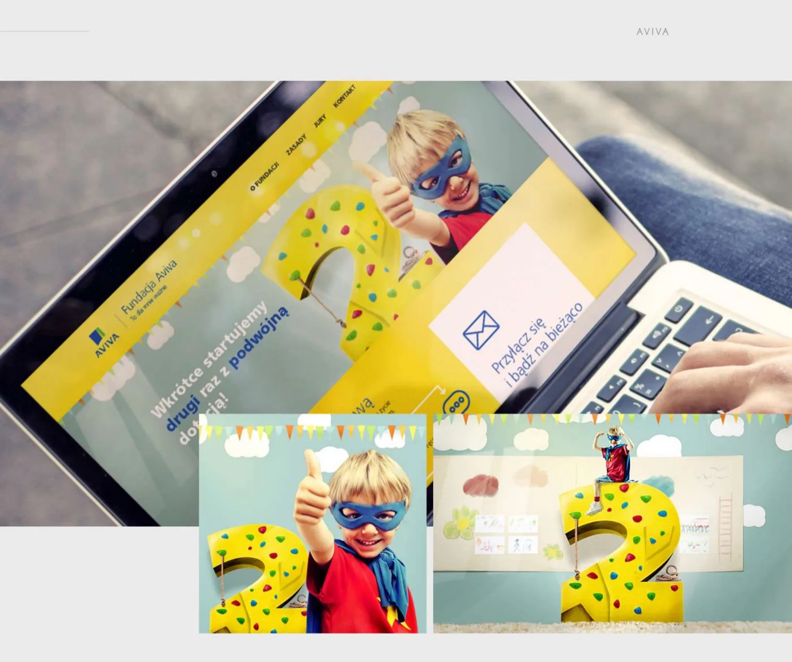 Fundacja Aviva "To dla mnie ważne": grant-programme site with a superhero-kid key visual.