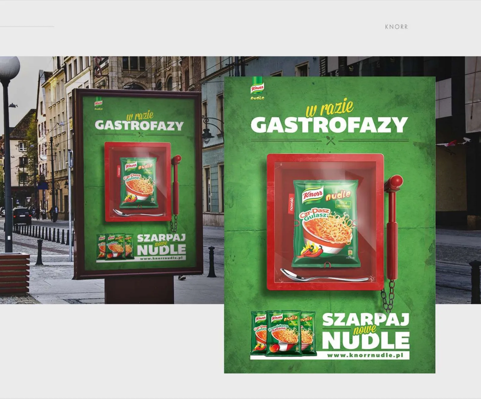 Knorr Nudle "W razie gastrofazy": outdoor citylight campaign with a fire-alarm packshot lockup.