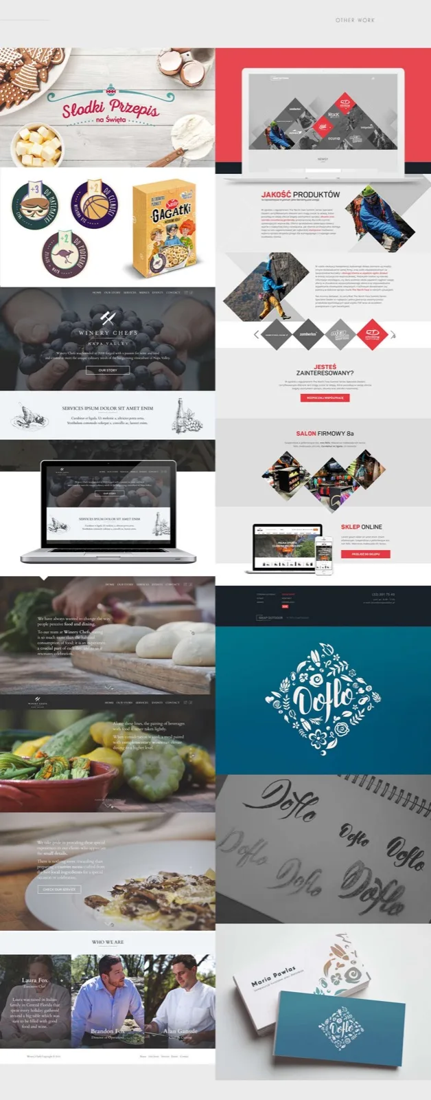 Other work collage: Święta baking campaign, Święta cereal packs, Winery Chefs restaurant site, The North Face Snap Outdoor dealer platform, Ooflo brand identity with hand lettering, Maria Pawlas stationery.