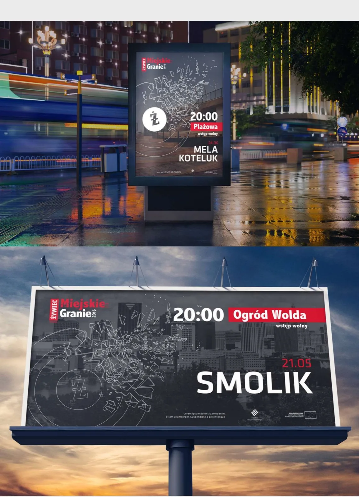 Żywiec - Miejskie Granie 2016: outdoor citylight and billboard visuals for the Mela Koteluk and Smolik gigs.