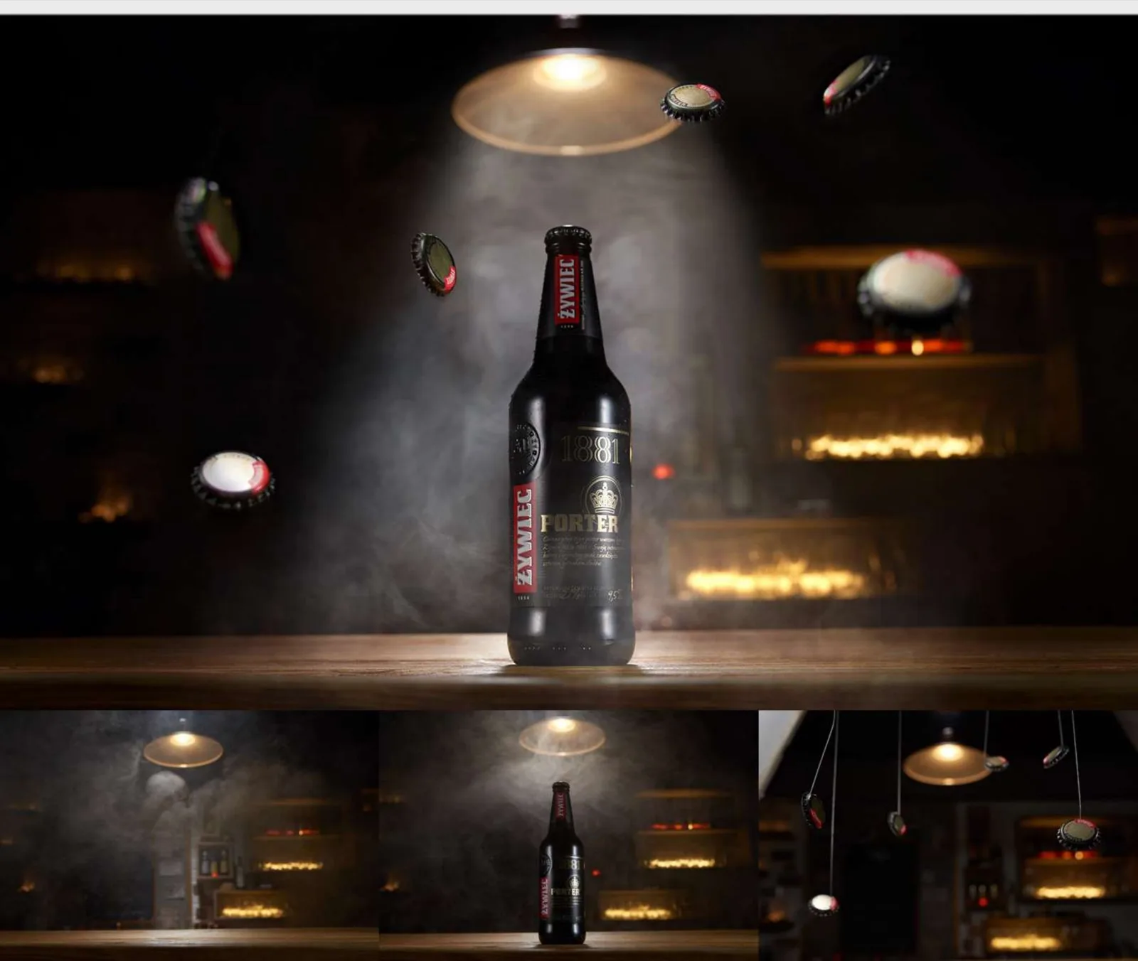 Żywiec Porter 1881: dark-key product photography of the bottle under a hanging bar lamp with flying bottle caps.