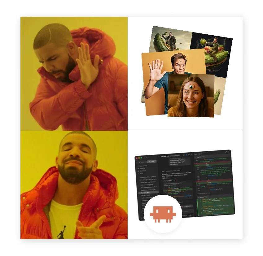 Drake meme comparing generating images vs. building with Claude Code.