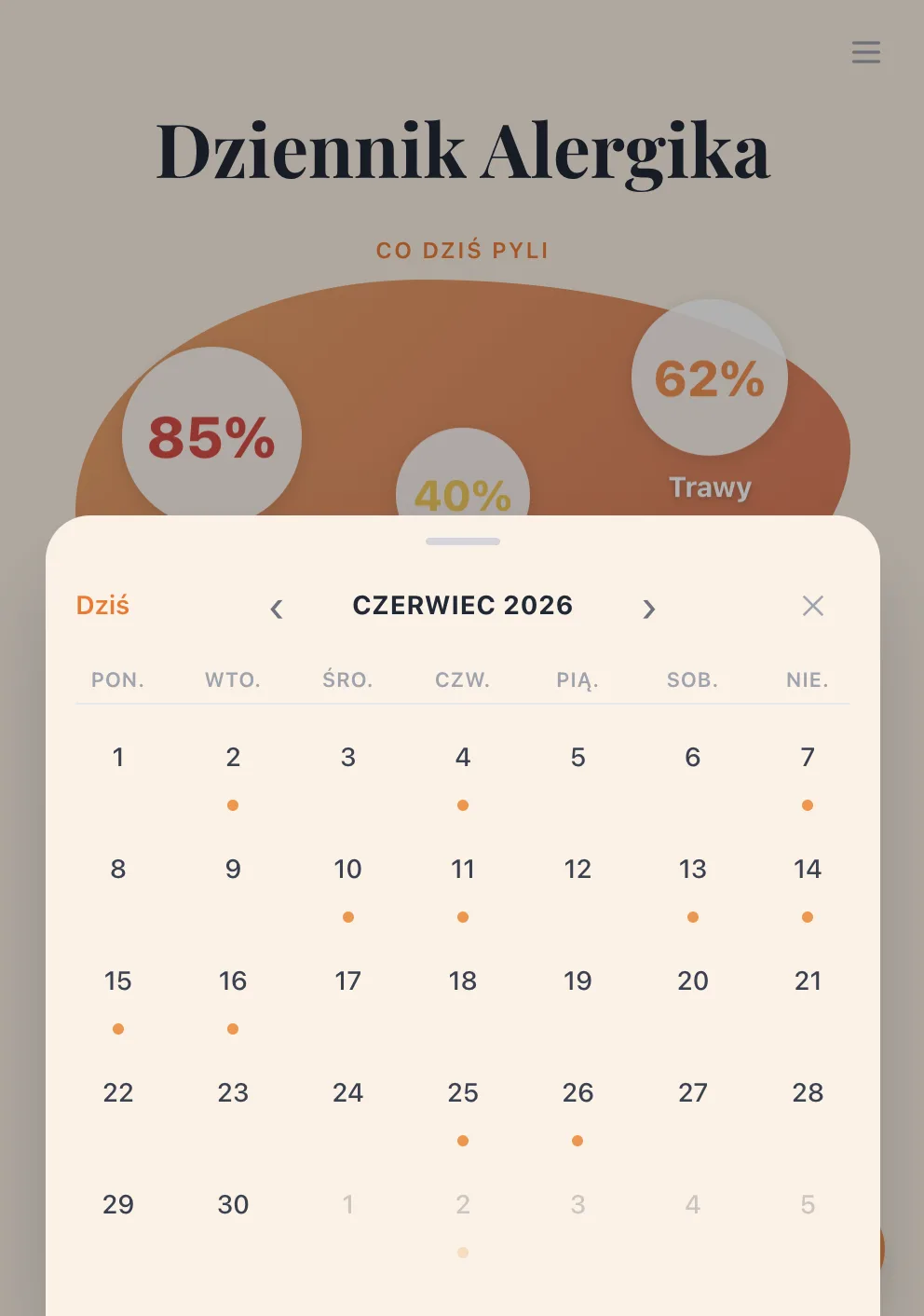 Calendar view with daily markers.