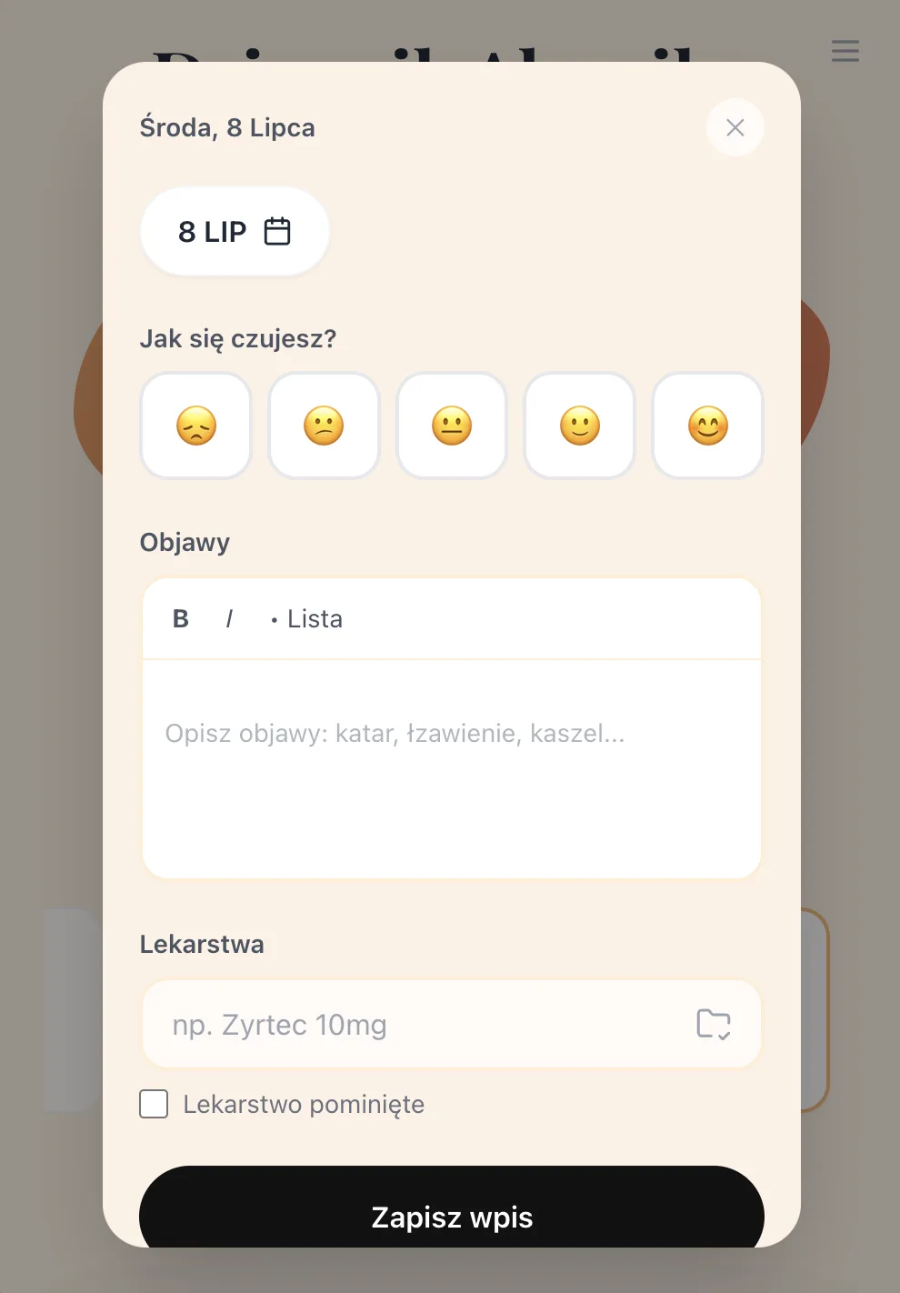 New entry screen with mood and meds.