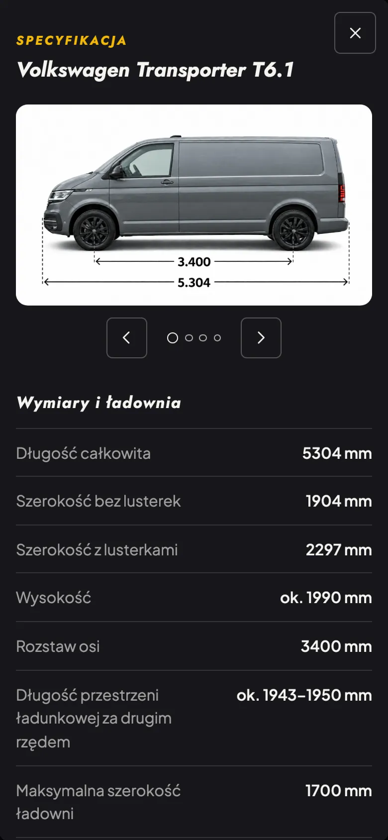 Panel „Specyfikacja” na telefonie: wymiarowany rzut boczny VW Transportera T6.1, a pod nim tabela wymiarów: długość 5304 mm, szerokość 1904 mm, rozstaw osi 3400 mm.