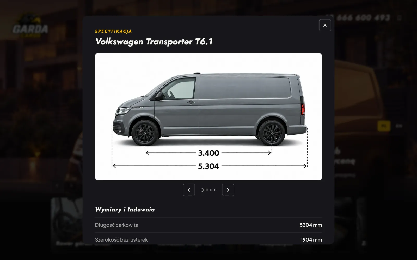 Panel „Specyfikacja”: rzut boczny Volkswagena Transportera T6.1 z wymiarami 3400 i 5304 mm, pod nim tabela „Wymiary i ładownia”.