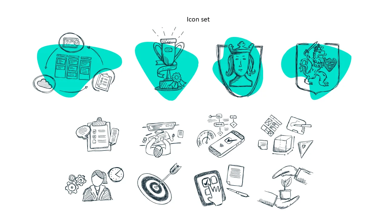 Full custom set of hand-drawn icons used across the Iceberry site.