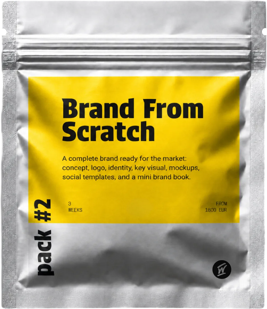 Offer package “Brand From Scratch” (pack #2): a complete, market-ready brand in 3 weeks - concept, logo, identity, key visual, mockups, social templates and a mini brand book. From 1800 EUR.