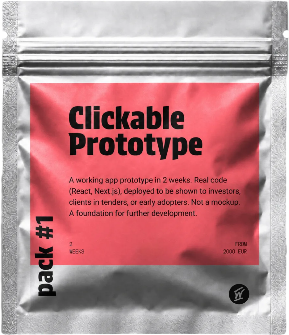 Offer package “Clickable Prototype” (pack #1): a working React and Next.js app prototype in 2 weeks, deployed to show investors, tenders or early adopters - real code and a foundation for further development, not a mockup. From 2000 EUR.