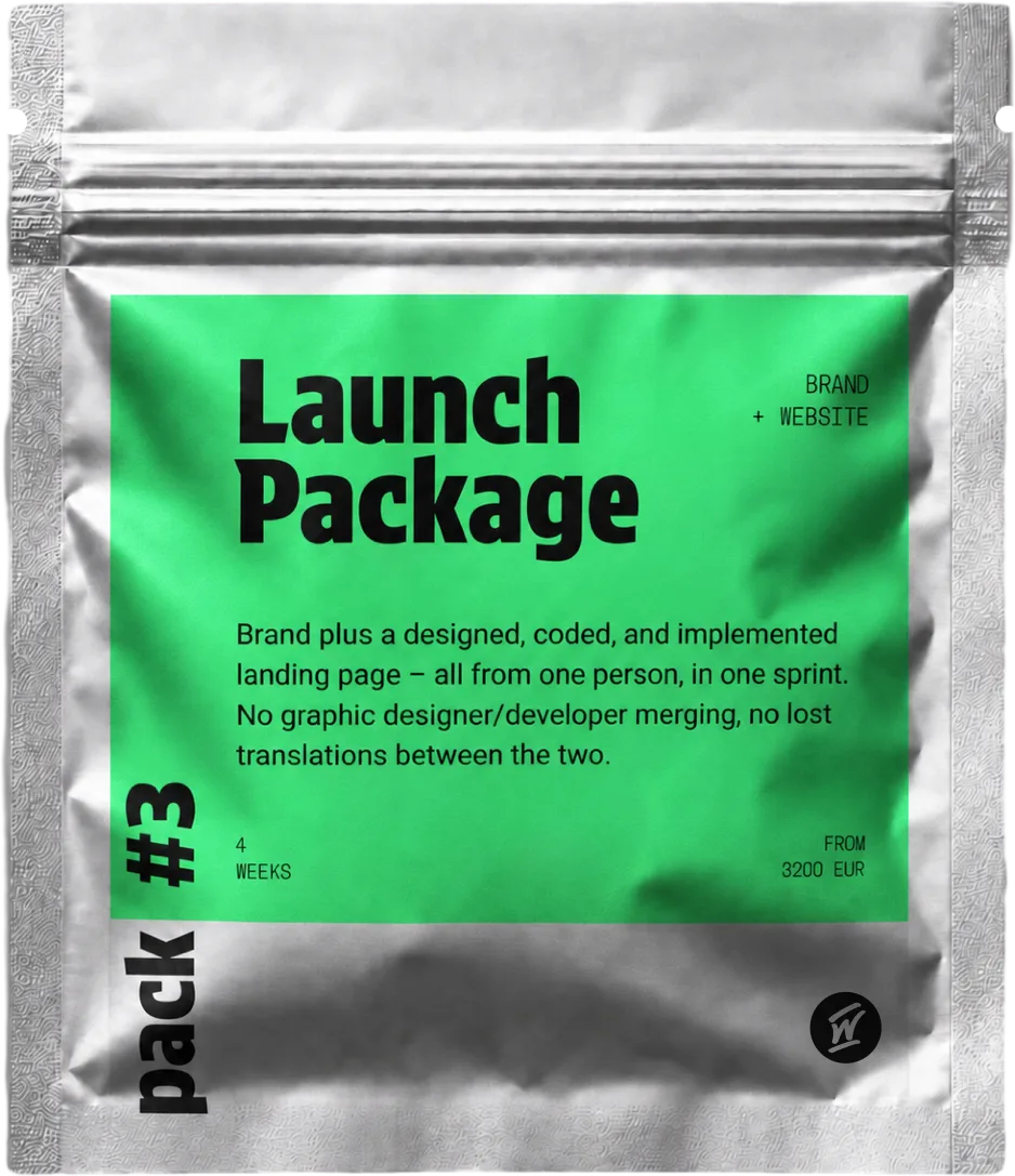 Offer package “Launch Package” (pack #3): a brand plus a designed, coded and implemented landing page in 4 weeks - delivered end-to-end by one person in a single sprint, with no designer-to-developer handoff. From 3200 EUR.