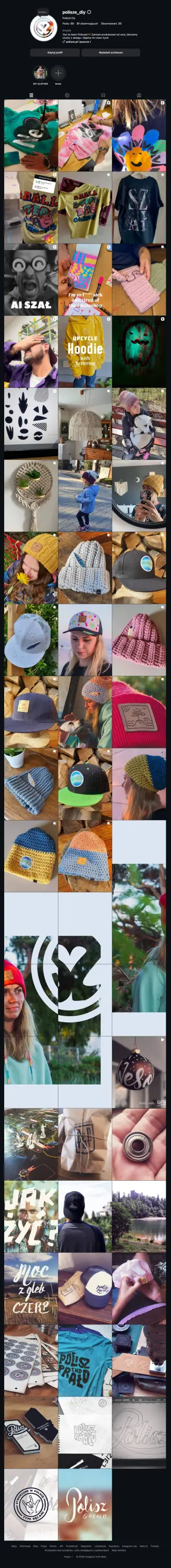 Long screenshot of the @polisze_diy Instagram profile: grid of hand-printed, upcycled clothing, packaging and family-made pieces.