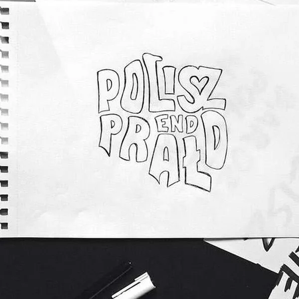 Hand-drawn "Polisz end prałd" lettering sketch in a notebook.