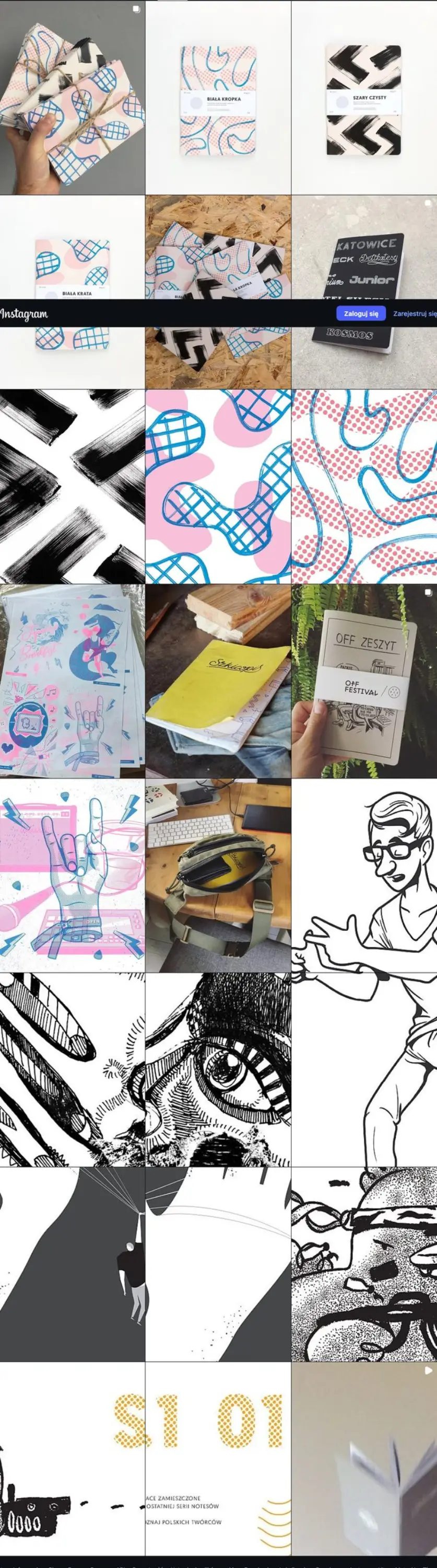 Long screenshot of the @szkicopis Instagram profile: illustrated notebook covers, riso prints, packaging and behind-the-scenes of the print run.
