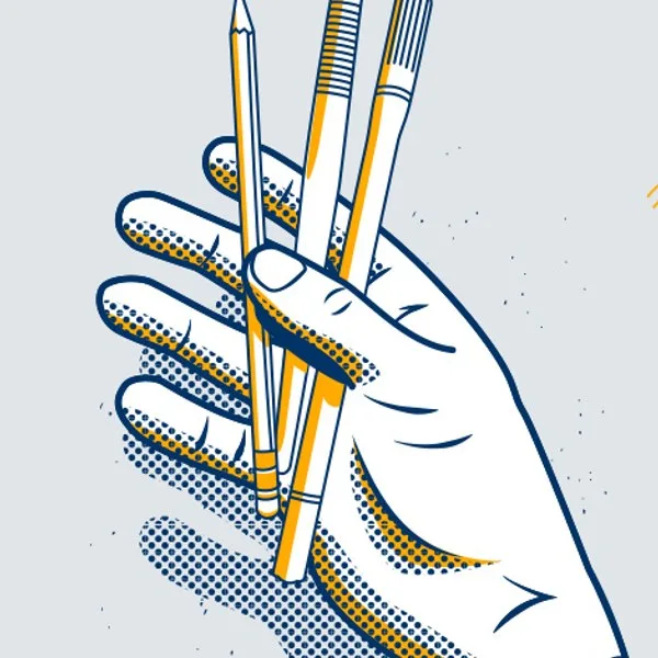 Illustration: a hand holds a pencil, dip pen and brush over a Szkicopis page - sketch, draw and write with whatever you like.