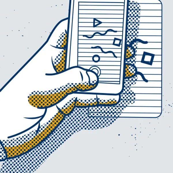Illustration: a hand scans a Szkicopis page with a phone - your notes come out clean and digital-ready.