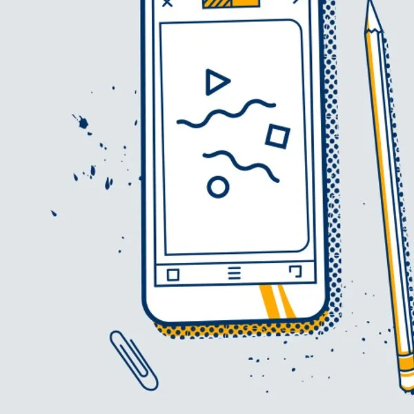 Illustration: a phone showing scanned notes next to a pencil - the white background ruling disappears in the scan.